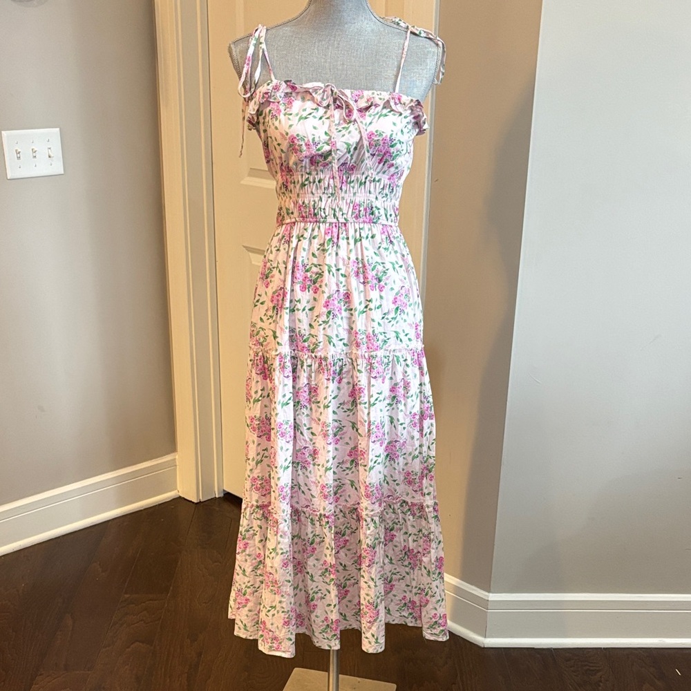 Floral Ruffle Midi Dress Tie-Strap Sundress in Light Pink size small